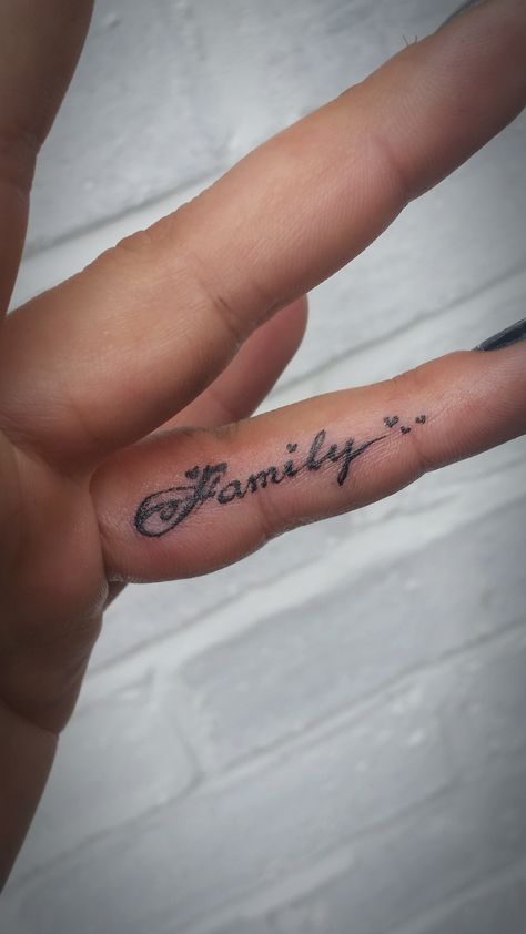 finger tattoo, family, ink Strength Finger Tattoo, Family Finger Tattoo, Family Word Tattoo, Finger Letter Tattoos, Family Heart Tattoos, Inner Finger Tattoo, Matching Family Tattoos, Finger Tattoos Words, Family Quotes Tattoos