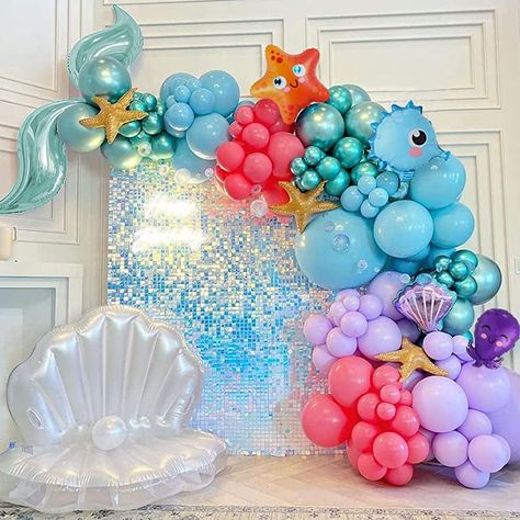 Seashell Balloon, Ocean Themed Birthday Party, Octopus Ocean, Animal Party Decorations, Shimmer Wall Backdrop, Mermaid Pool Parties, Mermaid Summer, Animal Balloons, Ocean Theme Birthday