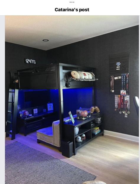 Gamer Bunk Bedroom, Loft Gaming Bed, Boys Gaming Bed, Gamer Loft Bed Ideas, Teen Age Boys Room Ideas, Bunk Bed Gaming Room, Son Bedroom Ideas, Game Room Theme Bedroom, 12 Year Boy Room Ideas