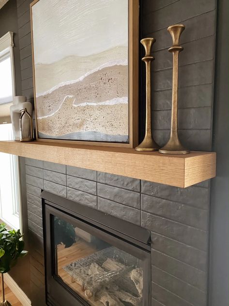 White Oak Box Mantle by Cask Woodworking | Wescover Fireplaces White Oak Fireplace Mantle, Fireplace With Oak Mantle, White Oak Mantle, Walnut Island Countertop, Reclaimed Wood Wine Rack, Oak Mantle, Oak Mantel, Wooden Mantle, Mantle Ideas