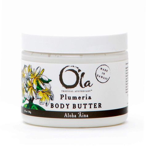 Plumeria scent is fresh, delicately sweet, mysterious, and understated. Plumeria or Frangipani blossoms are commonly found throughout the Hawaiian islands and the tropical fragrance is well-known worldwide. Made with certified organic and wild crafted ingredients Ola Body butter is baby safe, paraben free, and nontoxic Ola Products Support Local Farmers, are Cruelty-Free, and Eco-Friendly! Ola Tropical Apothecary Products are Made in Hawaii, USA Macadamia Nut Butter, Hawaiian Plants, Noni Fruit, Butter Extract, Avocado Butter, Organic Virgin Coconut Oil, Pure Coconut Oil, Organic Rice, Cocoa Seeds