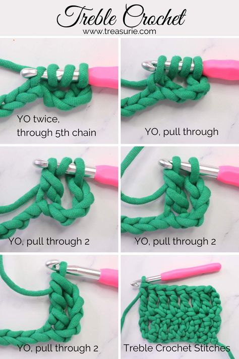 Double Stitch Crochet Projects, Trc Crochet Stitch, Crocheting For Left Handed Beginners, How To Do A Treble Crochet Stitch, How To Treble Crochet Stitch, Triple Crochet Tutorial, How To Double Crochet For Beginners, Hdc Crochet Tutorial, Treble Stitch Crochet