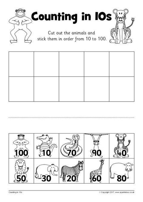 Counting in 10s Cut and Stick Worksheets (SB12252) - SparkleBox Count By 10s Kindergarten Free Printable, Ks1 Worksheets, Counting In 10s, Count By 10s, Counting By 5s, Counting In 5s, Counting By 10, Counting By 2's, Counting By 5's