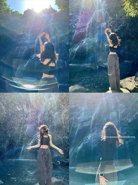 How To Pose Outdoors, Forest Pictures Poses, Waterfalls Outfit Ideas, Poses For Bigger Women, Waterfall Photoshoot Ideas, Waterfall Poses, Waterfall Picture Ideas, Sunset Photoshoot Ideas, Adventure Artwork