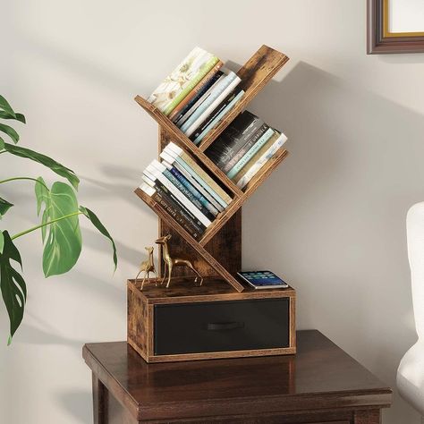 Rolanstar Bookshelf with Drawer, Small Tree Bookshelf, Wooden Desktop Bookshelves Rack for CDs/Books, Rustic Brown Bookcase, Utility Organizer Shelves for Living Room, Bedroom, Home Office Brown Bookshelves, Bookshelves Storage, Brown Bookcase, Tree Bookcase, Wood Storage Rack, Shelves For Living Room, Bookcase With Drawers, Desktop Bookshelf, 3 Shelf Bookcase