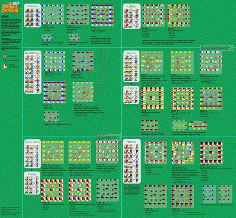 ACNH Hybrid Flower Guide Flower Layout, Map Games, Flower Colors, Flower Guide, Grid Design, All Flowers, Text Posts, Pansies, Animal Crossing