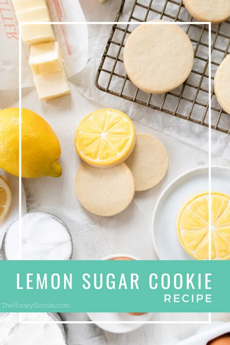 Lemon Sugar Cookie Recipe. A easy and delicious recipe that creates beautiful rolled out sugar cookies with a subtle lemon tang. Sugar Cookie Flavors, Lemon Sugar Cookies Recipe, Honey Cookies Recipe, Lemon Sugar Cookie, Royal Icing Cookies Recipe, Roll Out Sugar Cookies, Cut Out Cookie, Sugar Cookie Recipes, Cut Out Cookie Recipe