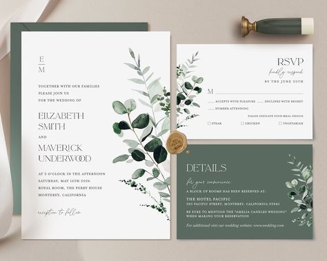 Sage Green Minimal Wedding Invitation Template Modern - Etsy Wedding Invitations Botanical, Wedding Invites Greenery, Forest Wedding Invites, Wedding Invites Green, Forest Green Wedding Invitations, Sage Green Invitations Weddings, Sage Wedding Invites, Sage Green Mood Board, Sage Green Wedding Invites