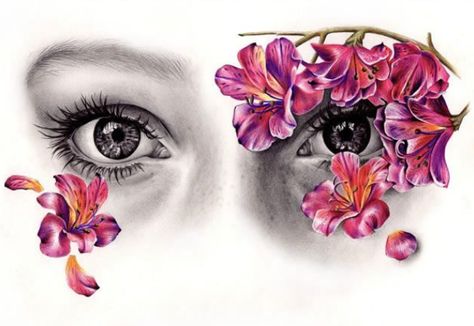 i believe a cherry blossom flowers covering a woman's eyes Kate Powell, Adara Sanchez, Man Vs Nature, Realistic Eye Drawing, Growth And Decay, Eyes Artwork, Eye Print, Gcse Art, Angel And Devil