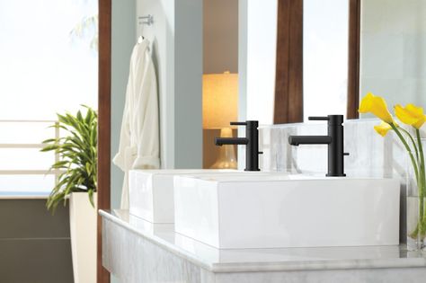 #bathroom | #Matteblack bath suite Minimalist Powder Room, Moen Align, Bathroom Faucets Brushed Nickel, Bathroom Faucets Chrome, Brushed Nickel Bathroom, Custom Countertops, Powder Room Small, Single Handle Bathroom Faucet, Steam Showers Bathroom