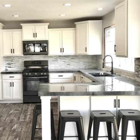 Small Kitchen Grey And White, Grey And White Kitchen Cabinets Butcher Block, White And Grey Kitchen Table & Bar Stools, White Contemporary Kitchen, Flooring Colors, Grey Kitchens, Island Ideas, Reno Ideas, Kitchen Remodeling