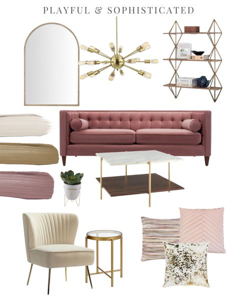 Pink and Gold Home Decor - Living Room Design - Marble Accents - Wood - Velvet Texture - Interior Design Pink And Gold Interior, Brown And Pink Living Room, Pink Gold Interior, Pink And Gold Living Room, Pink Gold Living Room, Pink Couch Living Room, Material Moodboard, Texture Interior, Color Palette Living Room