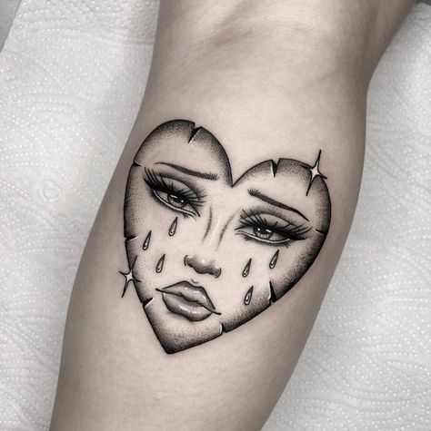 Face In Heart Tattoo, Heart With Tears Tattoo, Heart With Face Tattoo, Black Heart Face Tattoo, Heart With Eyes Tattoo, Crying Tatoos Ideas, Split Head Tattoo, Eye Tattoo With Tear, Apprentice Portfolio