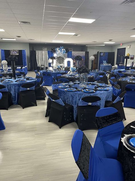 Blue Black And Silver Centerpieces, Royal Blue Black And Silver Party Decorations, Royal Blue And Black Sweet 16, Navy Blue Black And Silver Party, Navy Blue And Silver Sweet 16, Royal Blue And Black Wedding Decorations, Royal Blue Black And Silver Wedding, Blue Black Birthday Decorations, Blue Black Silver Party Decorations