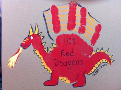 Handprint dragon. Dragon Craft For Toddlers, Dragon Handprint Craft, Dragon Toddler Craft, Handprint Dragon, Dragon Footprint, Dragon Crafts Preschool, St Davids Day, Fairy Tale Crafts, St David