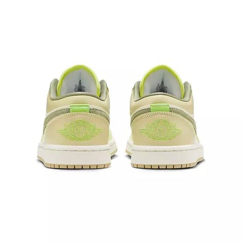 (WMNS) Air Jordan 1 Low 'Sail Oil Green Light Lemon' FD9906-131 - KICKS CREW Slip Pattern, Wmns Air Jordan 1, Marina Blue, Green Sneakers, Sneaker Games, Air Jordan 1 Low, Jordan 1 Low, University Blue, Classic Silhouette