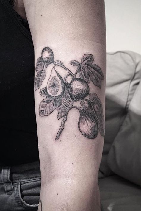 Scientific Illustration of a Fig Branch by French tattoo artist Baud Nauch Fig Scientific Illustration, Scientific Illustration Tattoo Sleeve, Fruit Branch Tattoo, Fig Branch Tattoo, Scientific Illustration Tattoo, Fig Leaf Tattoo, Still Life Tattoo, Fig Illustration, Fig Tattoo