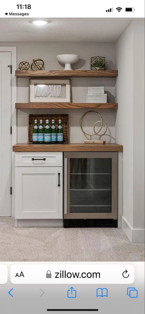 Basement Beverage Bar, Built In Coffee Bar With Mini Fridge, Mini Wet Bar Ideas Small Spaces, Corner Drinks Cabinet Ideas, Dry Bar With Butcher Block Top, Dry Bar In Living Room Ideas, Mini Bar In Dining Room Ideas, Small Wet Bar Ideas Nooks, Media Room Snack Bar