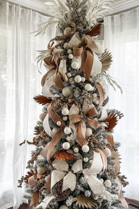 Boho Rustic Christmas Tree, Black Brown White Christmas Tree, Natural Glam Christmas Tree, White And Brown Christmas Tree Decor, White Brown And Gold Christmas Tree, Neutral Christmas Trees Decorated, Green And Tan Christmas Tree, Farmhemian Christmas Tree, Earth Toned Christmas Decor