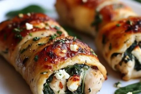 Spinach and Feta Chicken Rolls: A Flavorful Delight - recipestasteful Spinach And Feta Chicken Roll Ups, Spinach And Feta Chicken Rolls, Spinach And Feta Chicken, Spinach Feta Chicken, Chicken Breast Recipes Dinners, Chicken Roll, Feta Chicken, Chicken Entrees, Chicken Rolls