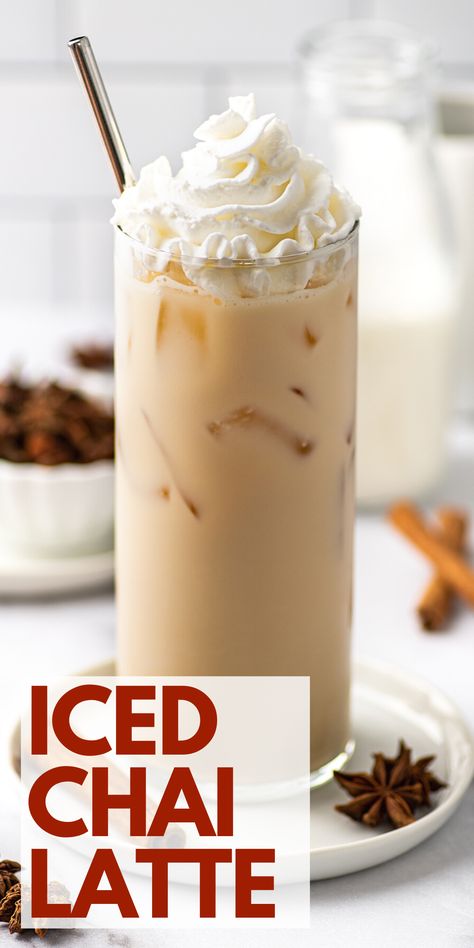 This quick and refreshing iced chai tea latte can be made with just 4 ingredients in about 5 minutes. Chai Tea Frappe, Chi Tea Latte Iced Starbucks, Cold Beverages Recipes, Iced Chia Recipe, How To Make A Iced Chai Tea Latte, Chi Tea Latte Iced Starbucks Order, Iced English Tea Latte, Iced Vanilla Chai Tea Latte Recipe, How To Make Chia Tea Latte