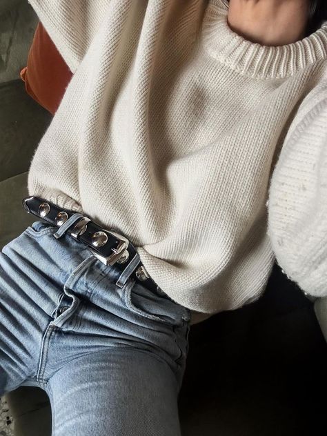 Studded belt | SheerLuxe Black Studded Belt Outfit, Khaite Benny Belt, Khaite Benny Belt Outfit, Stud Belt Outfit, How To Style A Belt, Belts With Jeans, Belts Outfits, Studded Belt Outfit, Closet Capsule