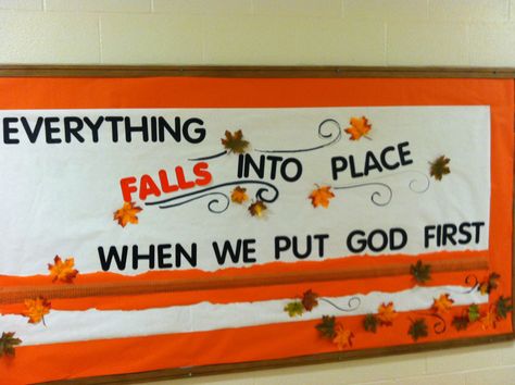 Fall autumn religious bulletin board Fall Church Bulletin Boards, Religious Bulletin Boards, Bible Bulletin Boards, November Bulletin Boards, Class Bulletin Boards, Christian Bulletin Boards, Put God First, Christian Fall, Sunday School Classroom