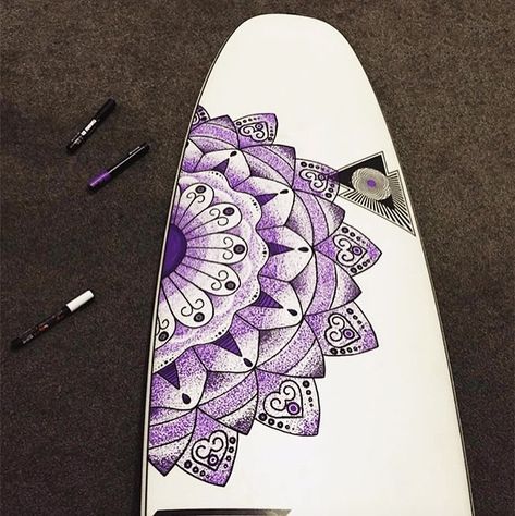 A white surfboard with a purple dotwork mandala draw on it Mandala Paint, Surfboard Painting, Custom Surfboards, Surfboard, Paint