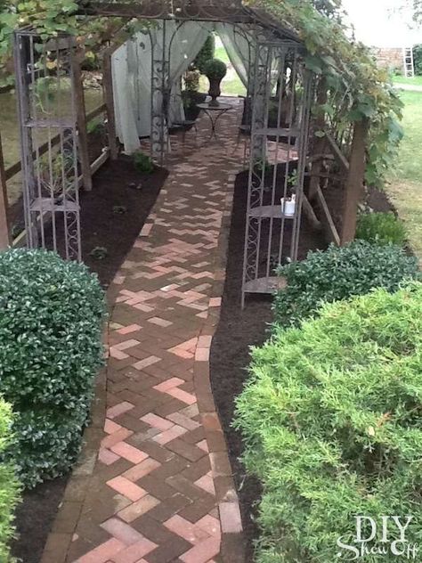 Grape arbor over recycled brick walkway attached to gazebo Gazebo Makeover, Frame Upcycle, Driveway Walkway, Backyard Upgrades, Grape Arbor, Deck Fence, Hill Garden, Upcycled Garden, Prayer Garden