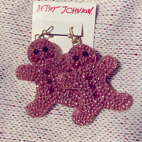 Super Cute And Oversized! New. Pink Gingerbread Earrings, Pink Gingerbread, Christmas Pink, Betsey Johnson Jewelry, Rhinestone Earrings, Earrings Color, Gingerbread Man, Pink Christmas, Pink Gold