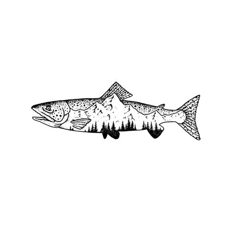 Bass Tattoos For Men, Mountain Fishing Tattoo, Fish Lure Tattoo, Rainbow Trout Tattoo Black And White, Fishing Inspired Tattoos, Fishing Tattoo Stencil, Muskie Tattoo, King Salmon Tattoo, Pnw Drawings