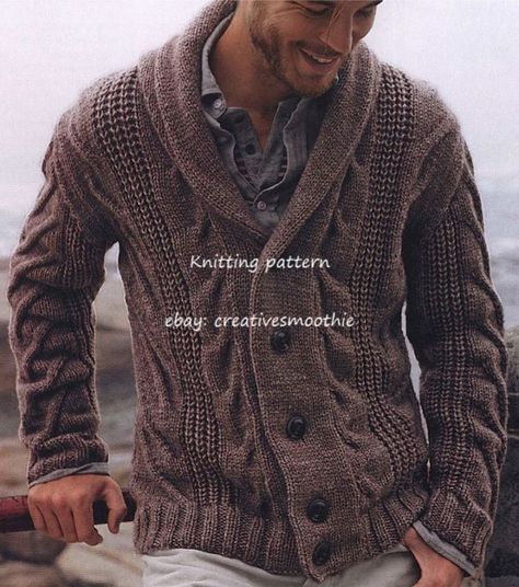 (536) Chunky Knitting Pattern for Mens Cable Cardigan Mens Shawl Cardigan, Mens Cable Knit Cardigan, Men Shawl, Mens Shawl Collar Sweater, Mens Shawl Collar Cardigan, Hoodies For Teens, Cardigan Vest Sleeveless, Mens Knit Sweater, Mens Fashion Sweaters