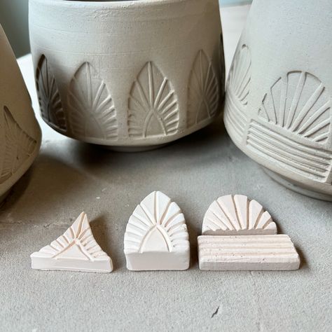 Where is my Autumn inspiration taking me? Apparently, we are headed down a texture rabbit hole! I have started stamping patterns in my wheel thrown mug forms with my hand carved stamps, and I can't wait to see how they turn out. There is something so beautiful about the way pressing stamps into the flat softens and misshapes the perfect roundness of a thrown form. I am loving the gentleness of these shapes combined with the sharp edges of the stamps. I am so excited to see how glazes pool ... Pottery Stamps Ideas, Hand Carved Stamps Pattern, Mug Forms, Texture Pottery, Ceramic Stamps, Texture Stamps, Pottery Stamps, Carved Stamps, Cement Art