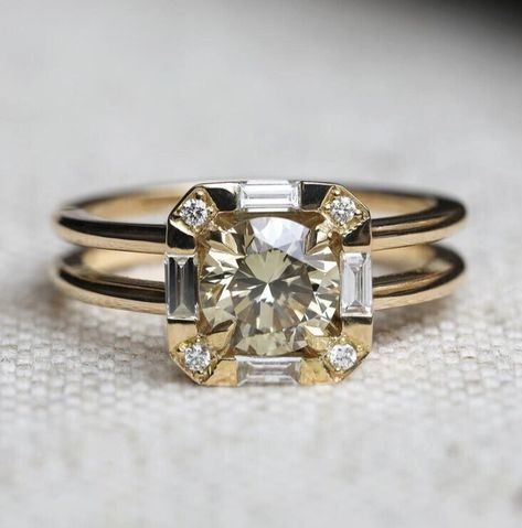 Double Band Moissanite Ring Round Cut Engagement Ring Unique Halo Wedding Gift Double Gem Wedding Ring, Bezel Halo Engagement Ring, Simple Double Band Engagement Ring, Low Setting Engagement Ring With Band, Partial Bezel Engagement Ring, Unique Colored Engagement Rings, Mixed Metals Engagement Ring, Different Cuts Of Engagement Rings, Timeless Double Band Ring With Detail