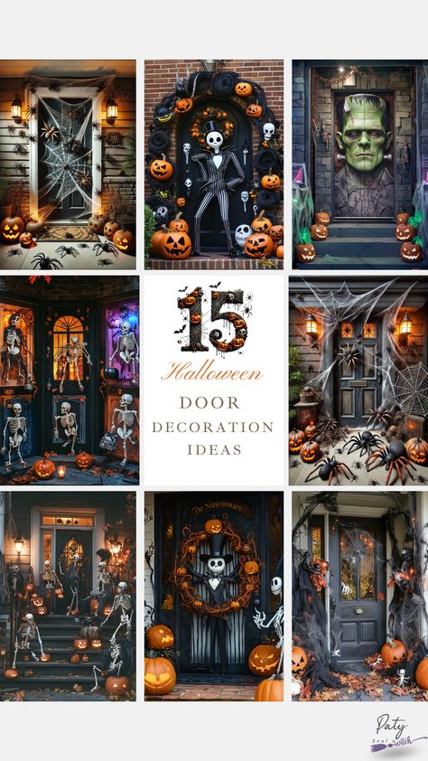 DIY Halloween Door: Get creative and make your own unique Halloween door decoration. #diyhalloween #doordecor #halloweencrafts Halloween Door Covers Diy, Halloween Door Display, Witchy Door Decor, Office Halloween Door Contest Ideas, Halloween Witch Door Decorations, Halloween Front Door Ideas, Spooky Halloween Door Decorations, Halloween Door Contest, Halloween Door Decorations Contest