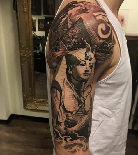 King Tut Tattoo, Kurt Tattoo, Pharaoh Tattoo, Egyptian Tattoos, Pyramid Tattoo, Egyptian Tattoo Sleeve, African Tattoo, Egypt Tattoo, Egyptian Tattoo