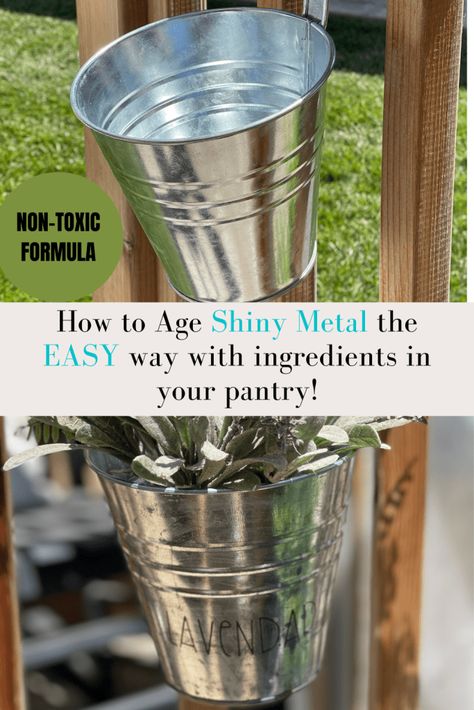 How to Age Galvanized Metal How To Paint Galvanized Metal, How To Paint Galvanized Metal Diy, Painting Galvanized Metal Diy, How To Age Galvanized Metal, Making Galvanized Metal Look Old, Galvanized Metal Bucket, Metal Flower Pots, Aging Metal, Metal Bucket