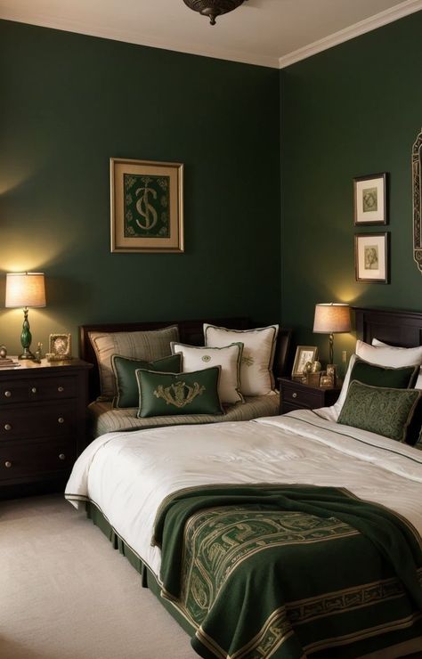 Slytherin Bedroom Aesthetic, Slytherin Aesthetic Bedroom, Palang Design, Slytherin Bedroom, Slytherin Decor, Hogwarts Bedroom, Slytherin Room, Harry Potter Room Decor, Harry Potter Bedroom