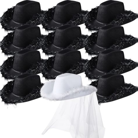 PRICES MAY VARY. Button Fly closure Hand Wash Only Amount of Packaging: you will receive 12 pieces of classic cowgirl hats includes a special bride cowboy hat with veil and 11 black cowgirl hats. Enough quantity and classic design make our cowboy hats are suitable for costumes and weddings or other theme events, never goes out of style Proper Size for Wear: the dimensions of our bride cowboy hat measure 14 inches long, 11 inches wide and 4 inches high, one size that suitable for most adults. The Cowboy Hat With Veil, Bride Cowboy Hat, Classic Cowgirl, Western Bachelorette, Hat With Veil, White Veil, Cowgirl Bachelorette, Black Cowgirl, Diy Bachelorette Party