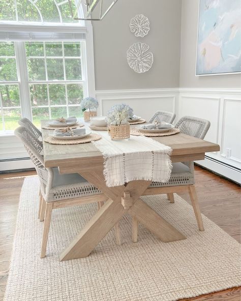 Coastal Dining Room Table, Coastal Farmhouse Dining Room, Pottery Barn Dining Room, Pottery Barn Dining Table, Coastal Dining Chairs, Beach House Dining Room, Coastal Table Decor, Light Wood Dining Table, Woven Dining Chairs