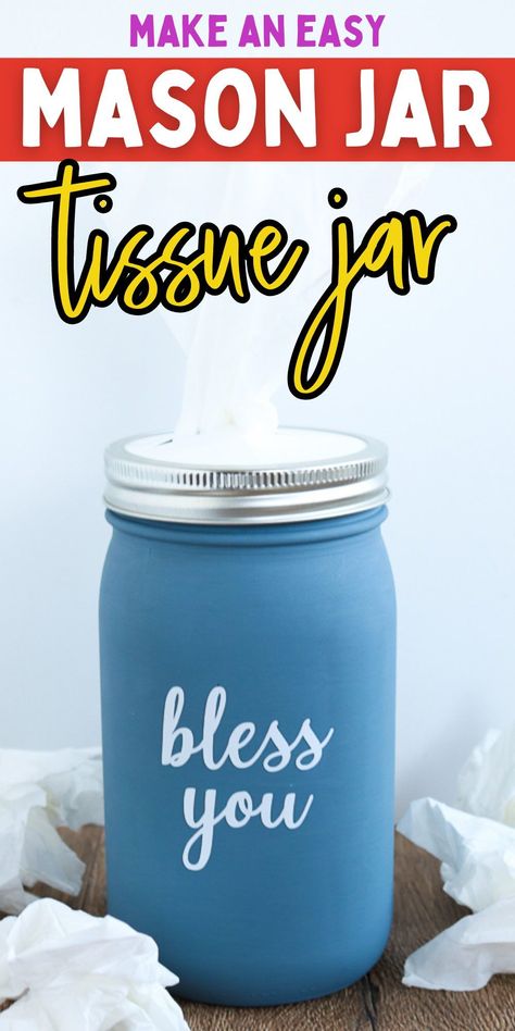 Easy mason jar craft. Simple tissue holder DIY. How to make a tissue holder. How To Make Mason Jar Tissue Holders, Mason Jar Kleenex Dispenser Diy, Mason Jar Tissue Holder Diy Tutorial, Mason Jar Tissue Holder Diy, Tissue Holder Diy, Mason Jar Tissue Holders, Diy Mason Jar Crafts, Bubble Crafts, Crochet Cozies