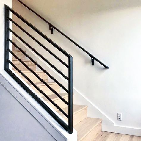 Modern industrial handrail by Future Folk Supply Co. Modern Contemporary Railings, Staircase Hand Rail, Basement Handrail, Hand Rails For Stairs Modern, Contemporary Handrail, Industrial Stair Railing, Metal Hand Rail, Industrial Stairs Railing, Bannister Ideas