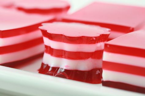 The Food Librarian: Valentine's 5-Layer Finger Jello Valentine Jello, Pink Jello, Broken Glass Jello, Finger Jello, Jello Jigglers, Jello Dessert, Layered Jello, Dessert Original, Gelatin Dessert