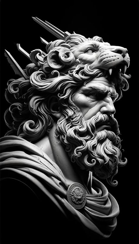 Greek Mythology Perseus, Greek God Concept Art, Hercules Statue Tattoo, Greek Shoulder Tattoo, Roman Gods Tattoo, Hercules Tattoo Design, Hercules Design, Zeus Tattoo Design, Greece Statue