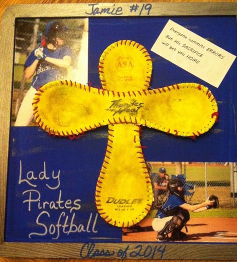 Softball cross Softball Craft Ideas, Softball Team Craft Ideas, Softball Senior Night Flowers, Old Softball Crafts Ideas, Softball Cross, Softball Awards, Softball Banquet, Softball Room, Softball Decorations