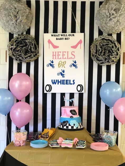 He or she??? Gender Reveal Burnout Party Ideas, Gender Themes, Wheels Or Heels Gender Reveal Decoration, Gender Reveal Cake Burnouts Or Bows, Gender Reveal Burnouts Or Bows, Burnout Or Bows Gender Reveal Decorations, Wheels Or Heels Gender Reveal, Burnouts Or Bows Gender Reveal, Soccer Gender Reveal