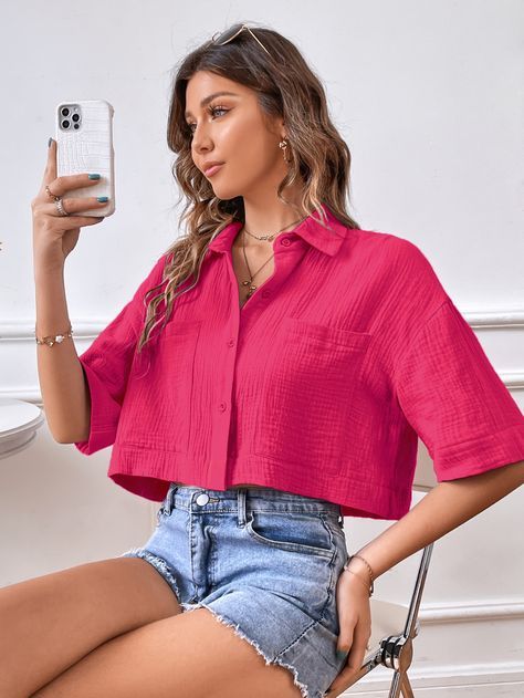 Hot Pink Casual Half Sleeve Polyester Plain Shirt Embellished Non-Stretch Summer Women Tops, Blouses & Tee Pink Tee Shirt Outfit, Trending Tops For Women 2023, Outfits Con Top Rosa, Pink Crop Top Outfit, Trending Tops For Women, Women Shirt Designs, Cropped Outfits, Trending Clothes, Outfit Shorts