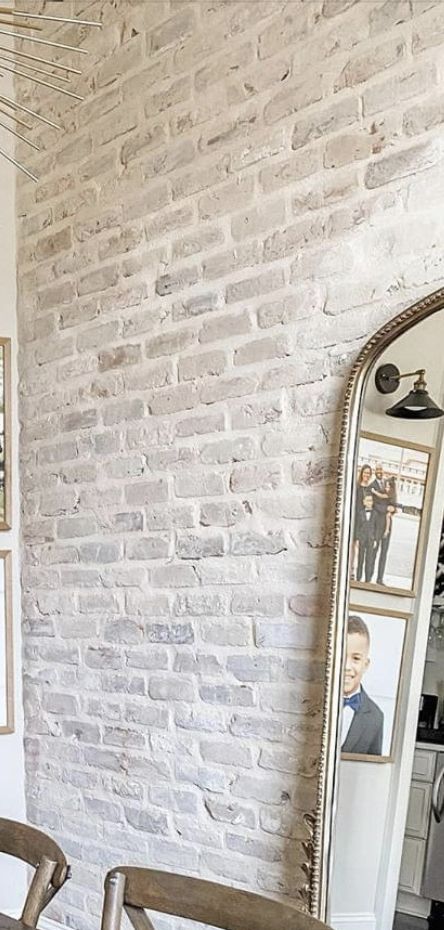 Whitewash Brick Accent Wall, White Washed Brick Floor, White Was Brick Wall, Rustic White Brick Wall, White Brick Wall Aesthetic, Faux Brick White Washed Wall, Home Living Room, Entryway, Repair