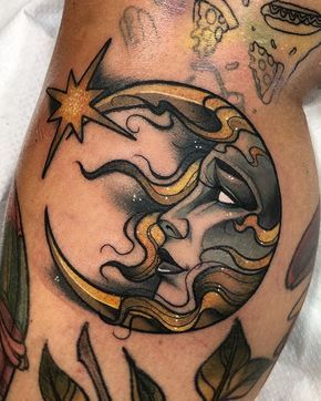 Traditional Moon Tattoo, Traditional Moon, Kunst Tattoos, Inspiration Tattoos, Sun Tattoos, Sun Tattoo, Neo Traditional, Dope Tattoos, Moon And Stars