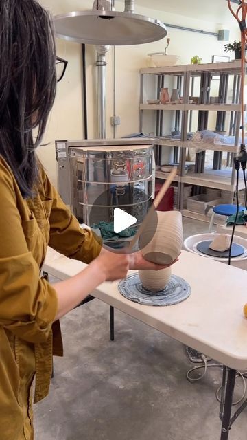 YUNOMI Pottery Studio on Instagram: "Focus, aim, and hit it!  Giving the pot a Zen whack.  The base form thrown and altered by @kadams965.  We decided to give it some bold marks!  #yunomipotterystudio #durangoart #durangocolorado #PotteryCommunity #PotteryStudio #creativeprocess  #ClayArtists #CreativeCeramics #PotteryWorkshop #LocalArtists #CommunityArt #HandmadeInOurStudio #CraftingTogether #ArtisticCommunity" Pottery Altered Forms, Thrown And Altered Pottery, Altered Pottery, Durango Colorado, Pottery Workshop, Pottery Studio, Local Artists, Community Art, Creative Process